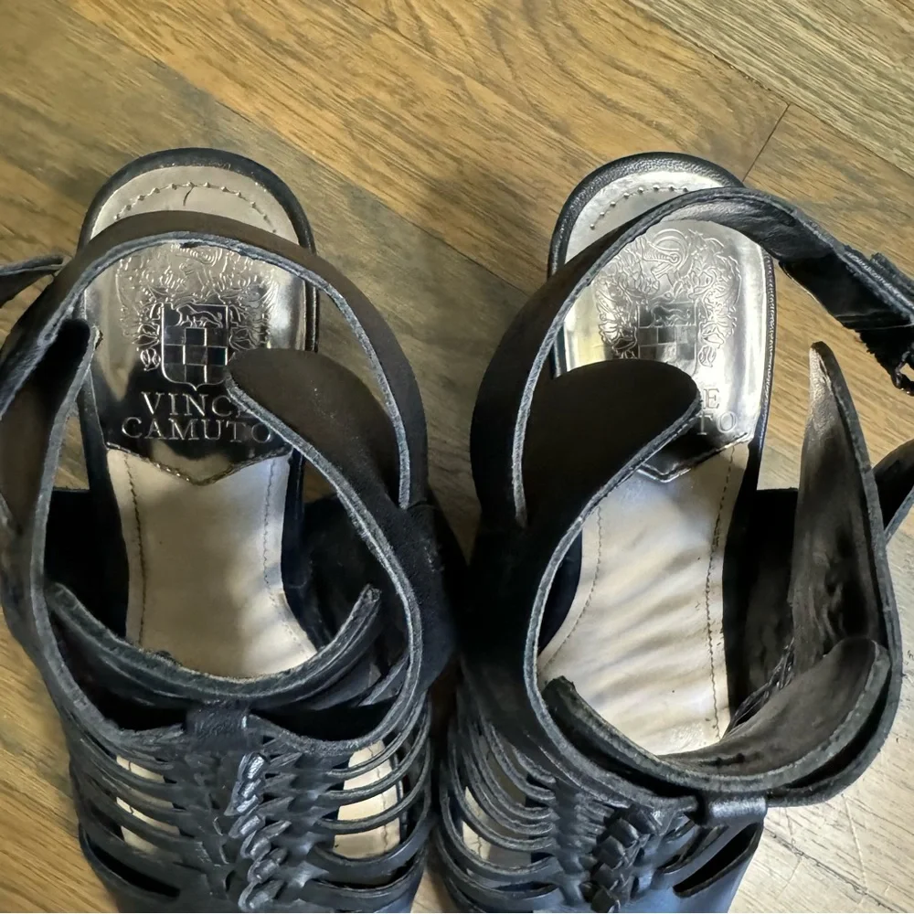 Vince Camuto Estelli Black Leather Caged Wedge Sandals Size 8